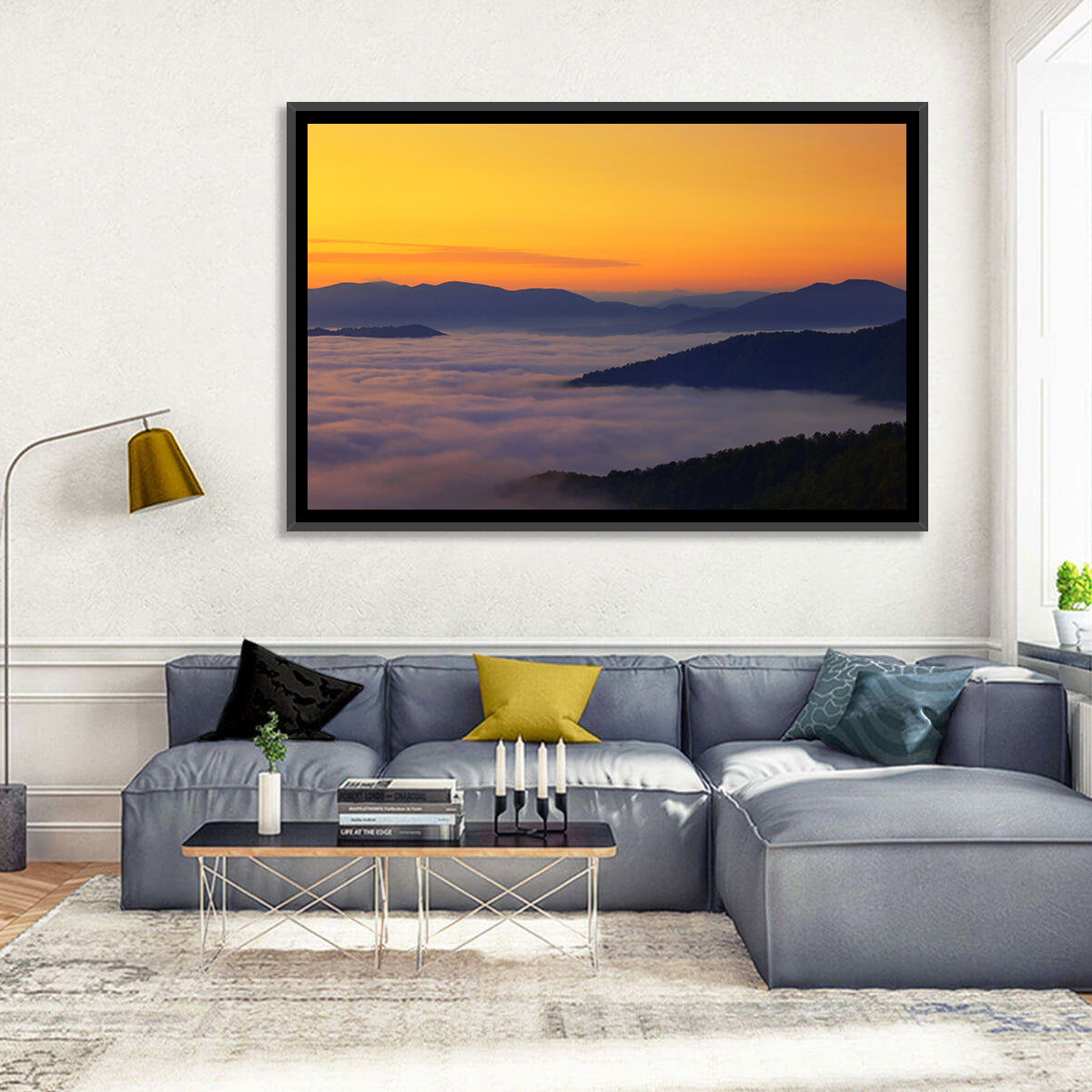 Cloud Sea Over Mountains at Golden Dawn Wall Art in a room, landscape
