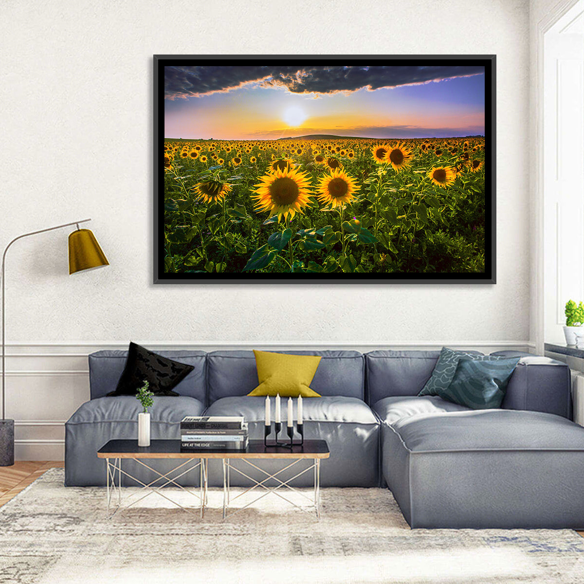 Sunflower Field at Golden Hour Wall Art in a room, landscape