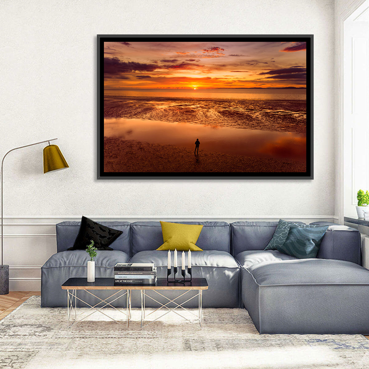 Solitary Figure on Sunset Shore Wall Art in a room, landscape