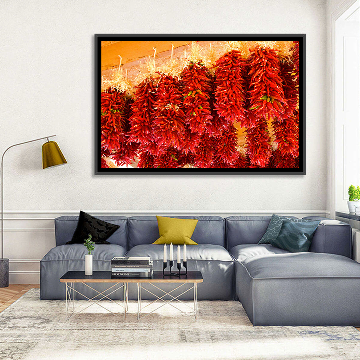 Hanging Dried Chili Peppers Wall Art in a room, landscape