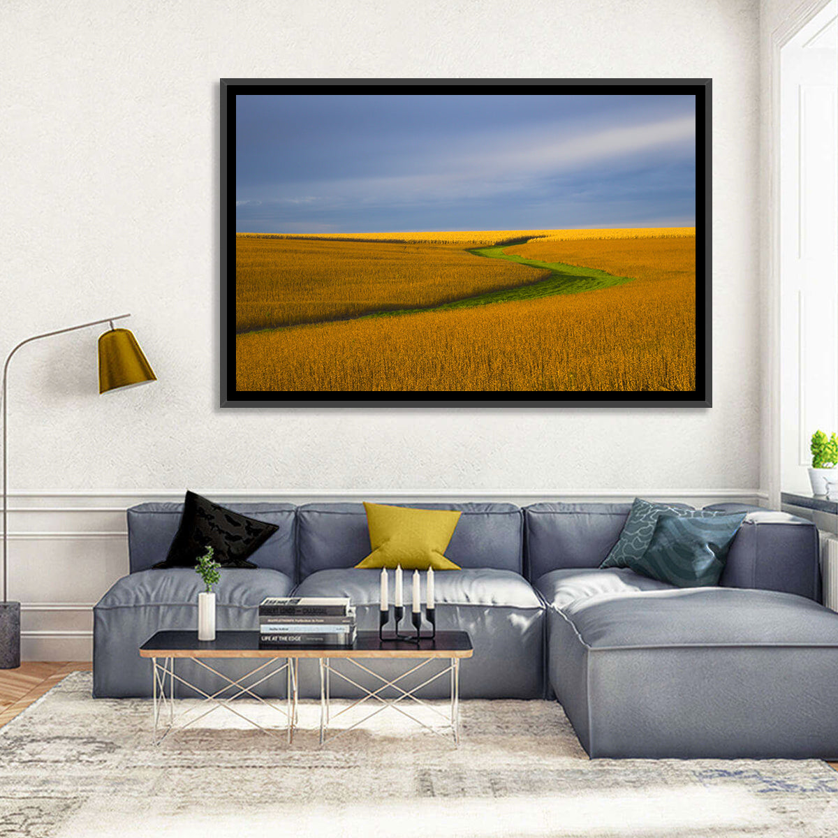 Golden Hour Soybean Field Wall Art in a room, landscape