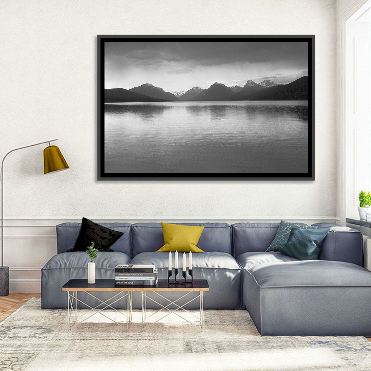 Lake Mcdonald Monochrome Reflection Wall Art in a room, landscape
