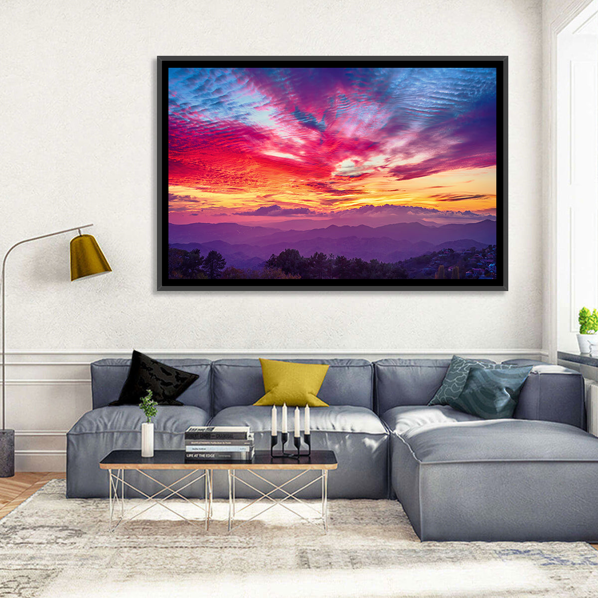 Golden Dusk Cloud Mountains Wall Art in a room, landscape