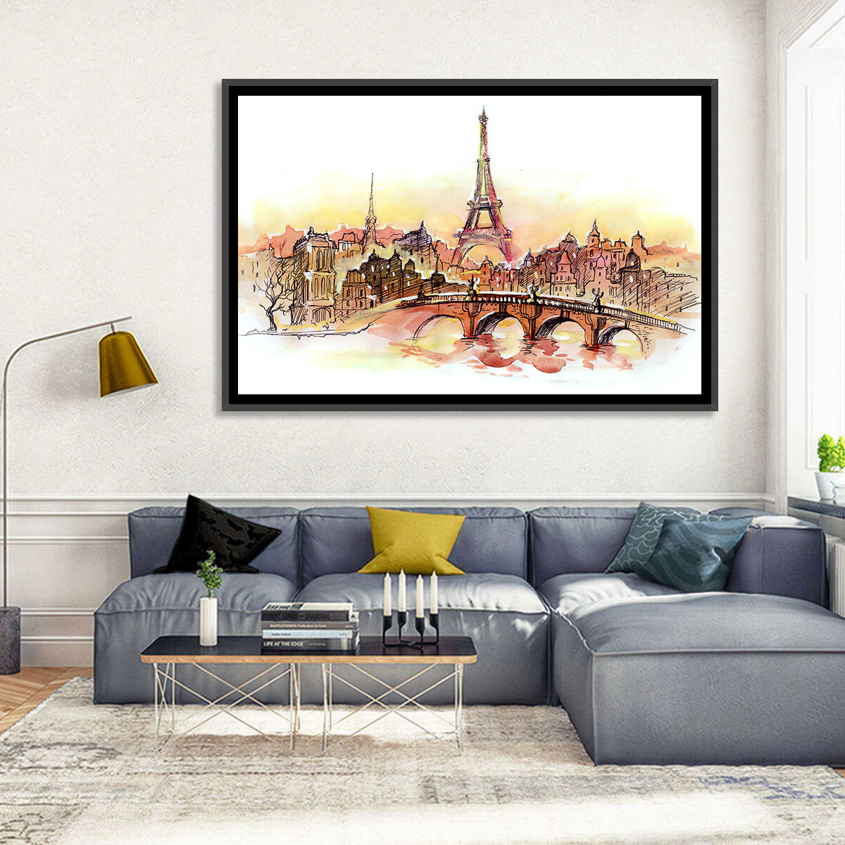 Eiffel Tower Watercolor at Dusk Wall Art in a room, landscape