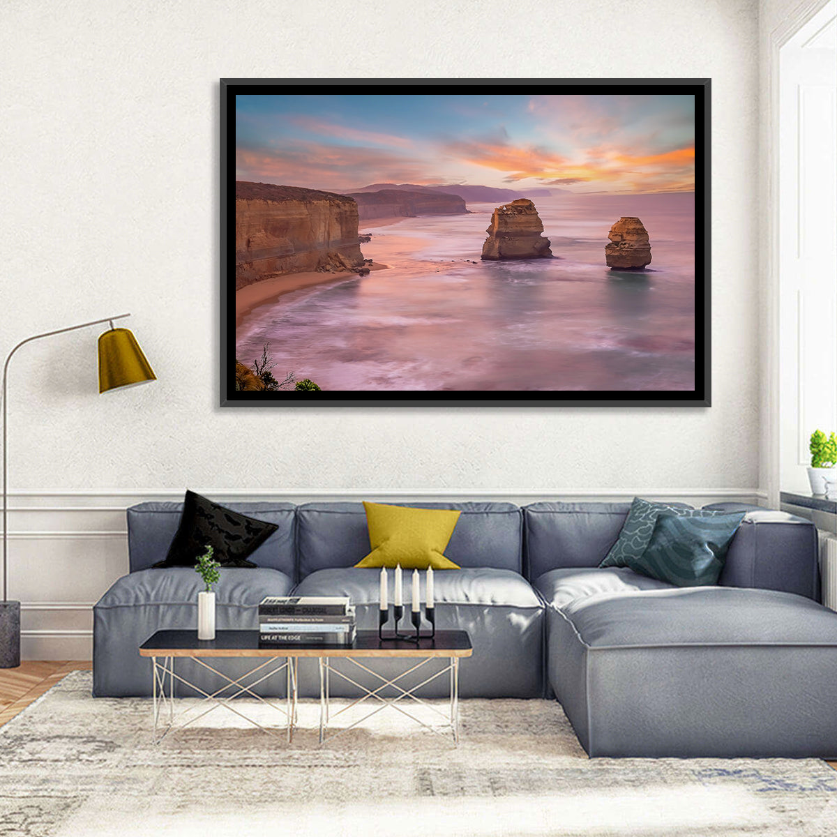 Twelve Apostles Sunset Sea Stacks Wall Art in a room, landscape