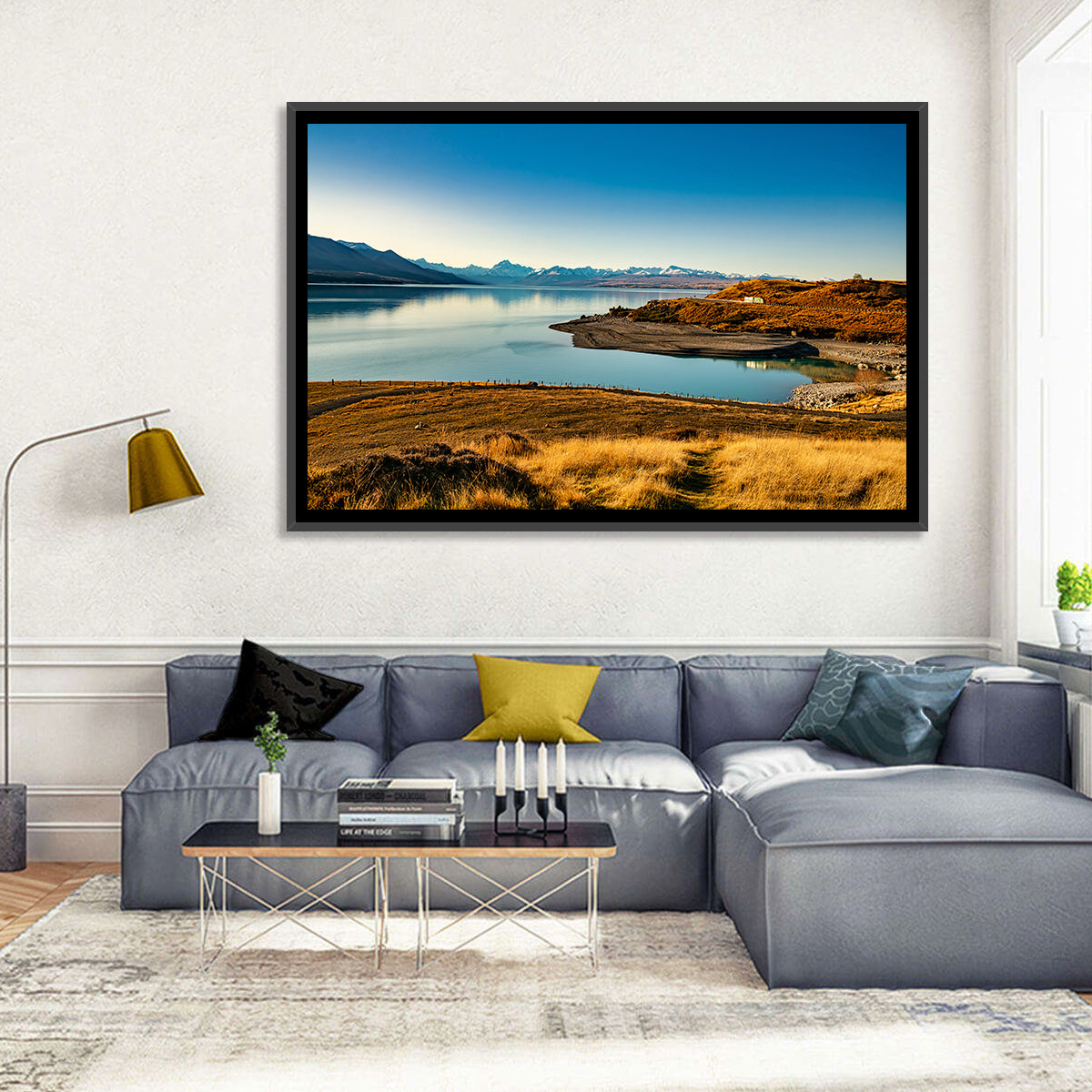 Lake Pukaki Golden Hour with Mount Cook Wall Art in a room, landscape