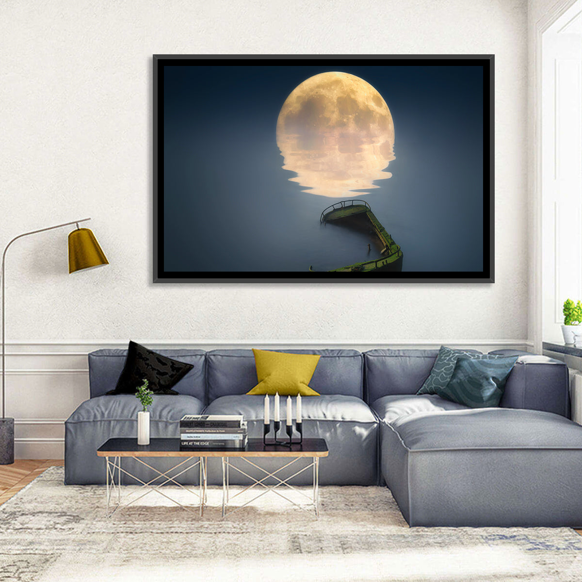 Moonlit Shipwreck Reflection Wall Art in a room, landscape