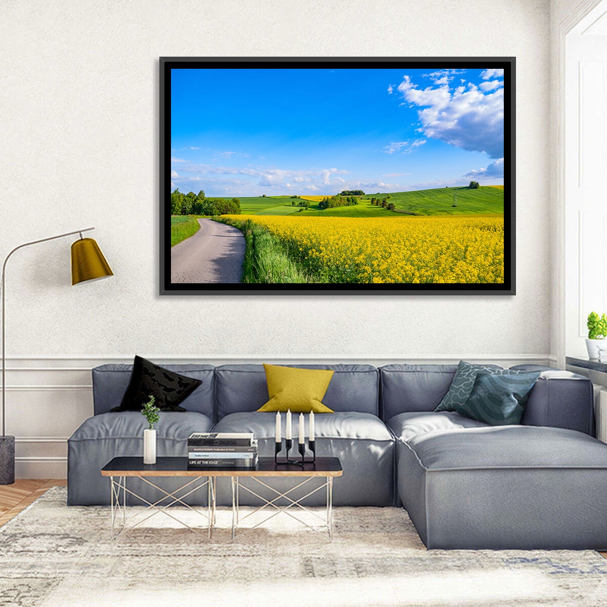 Rapeseed Field Road Under Blue Sky Wall Art in a room, landscape