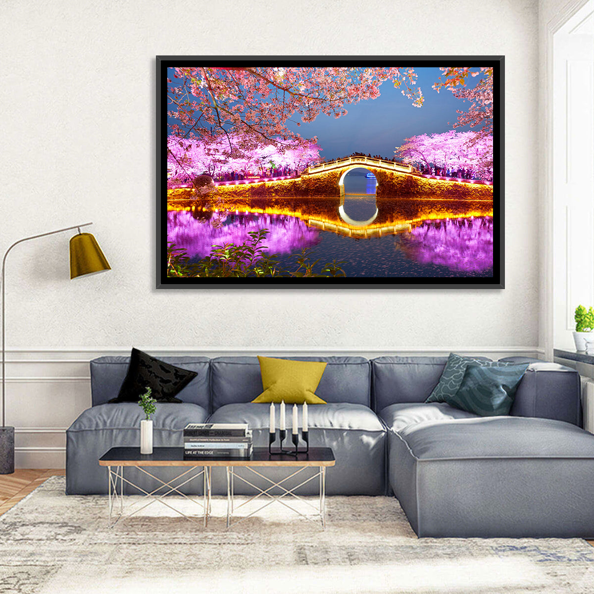 Illuminated Cherry Blossom Bridge Wall Art in a room, landscape