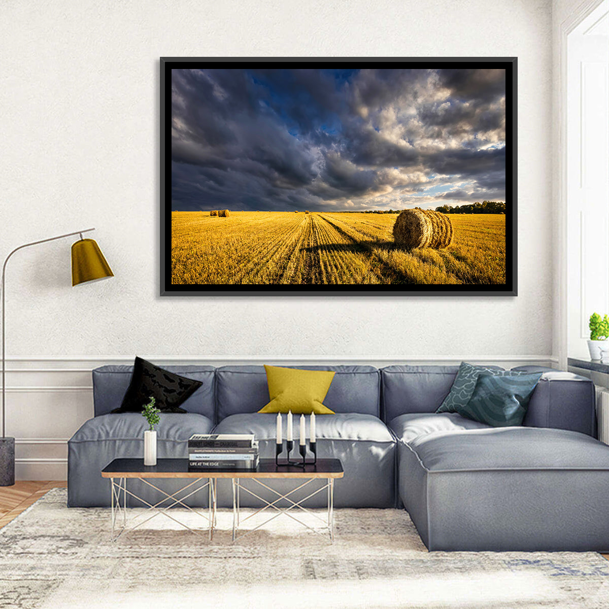Hay Bale at Golden Hour Wall Art in a room, landscape