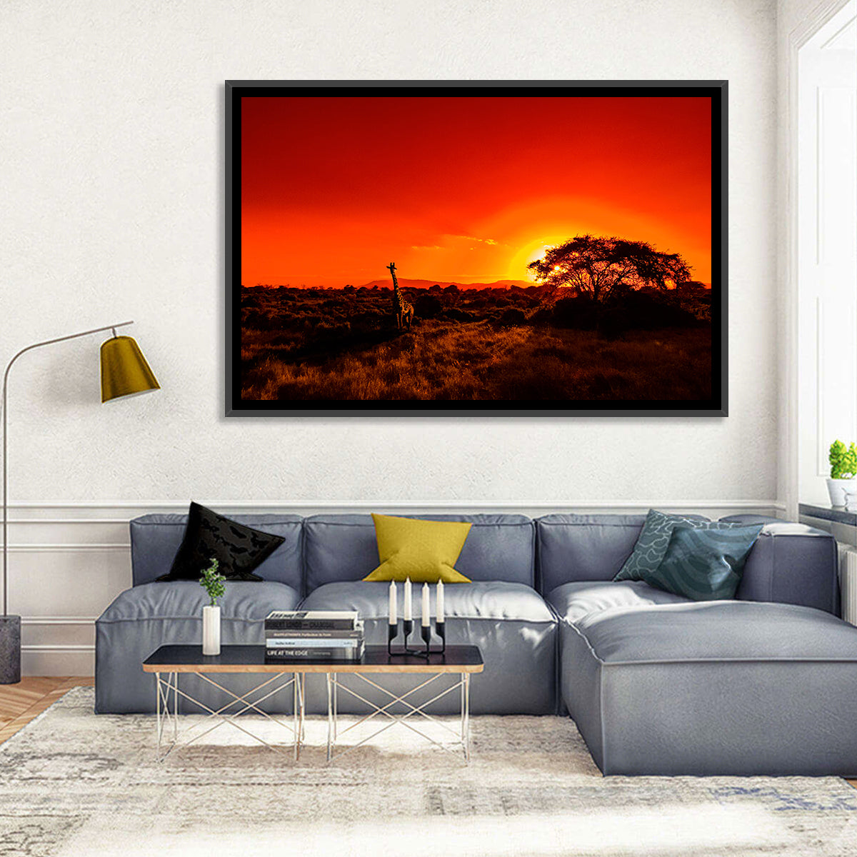 Savanna Sunset with Giraffe Wall Art in a room, landscape