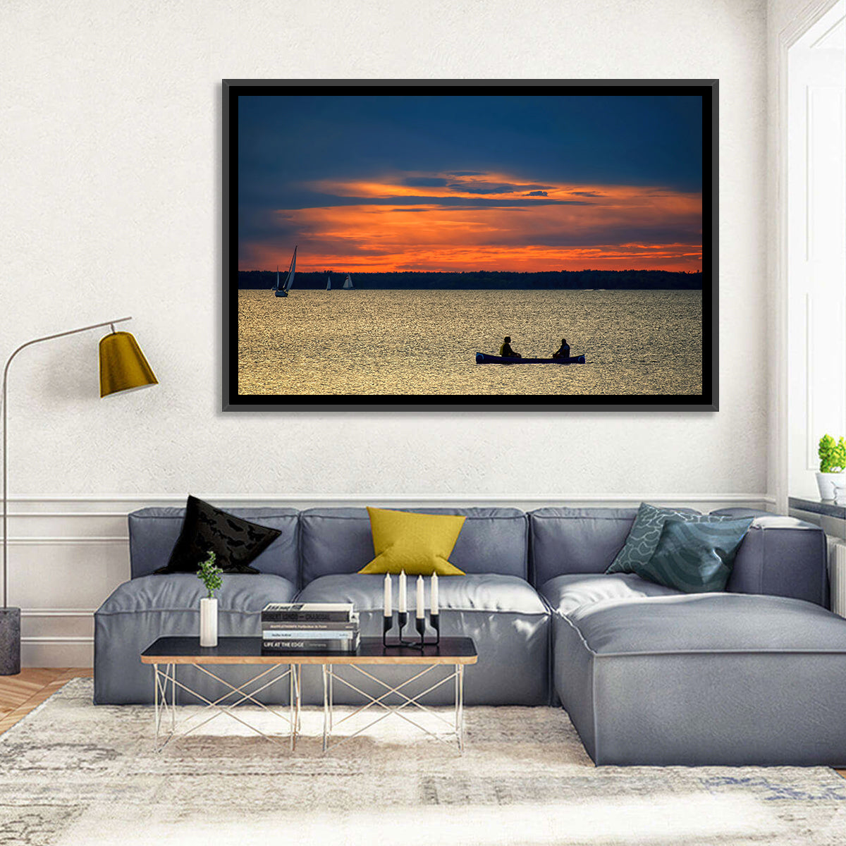 Ottawa River Sunset Canoe Wall Art in a room, landscape