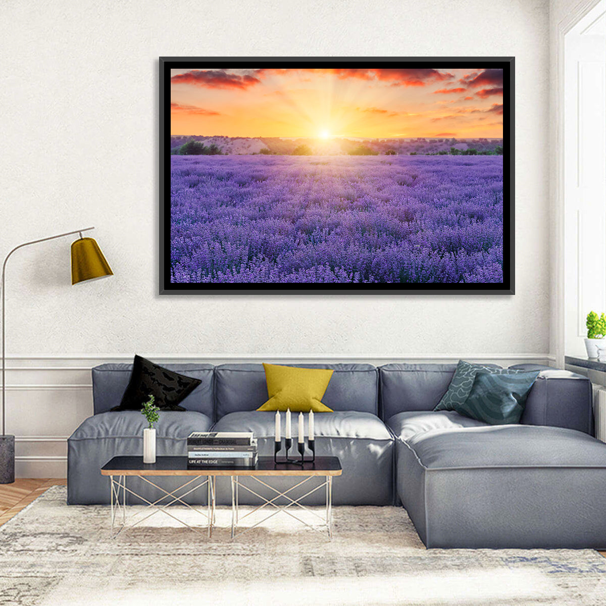 Lavender Field Sunburst Wall Art in a room, landscape