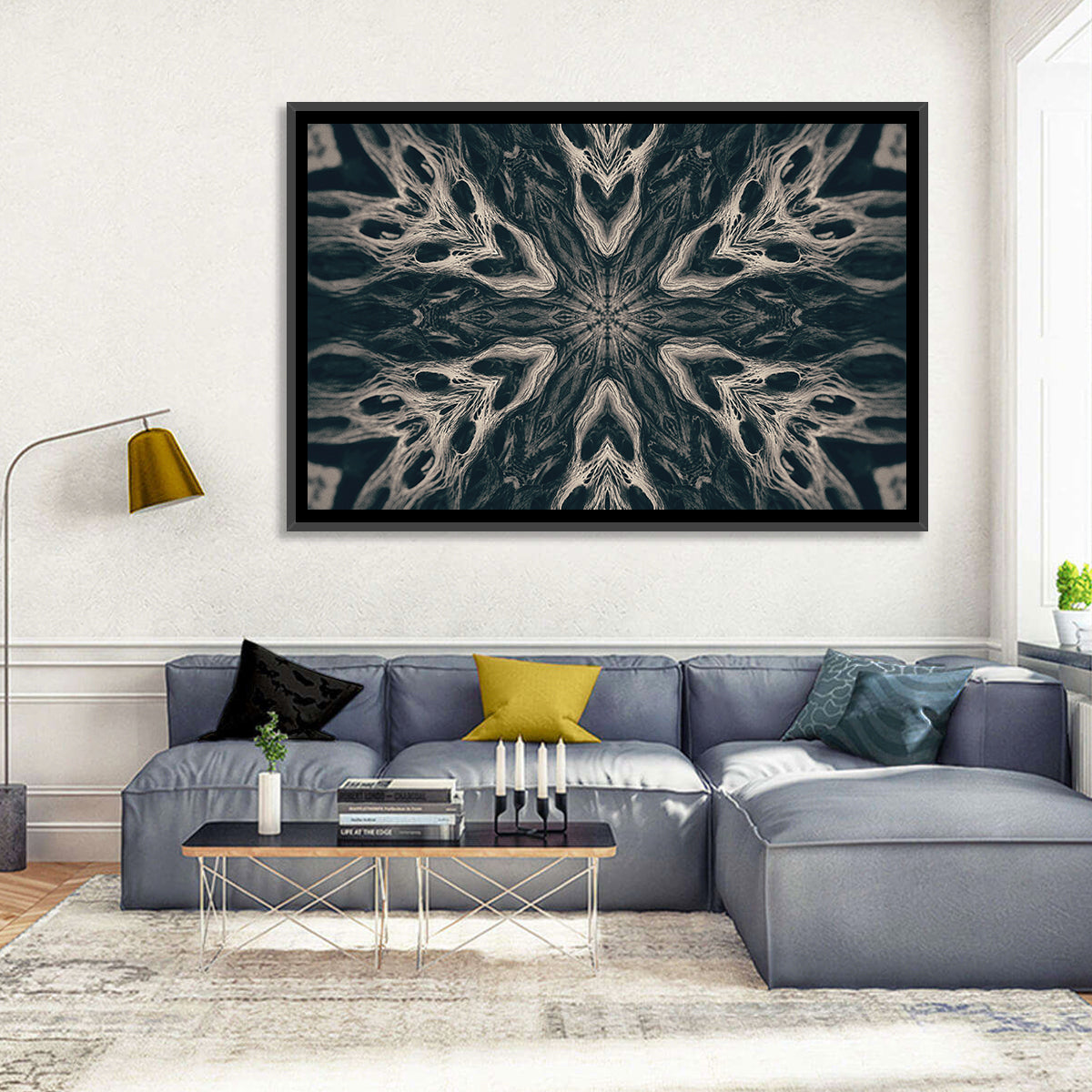 Black Gothic Demon Mandala Wall Art in a room, landscape