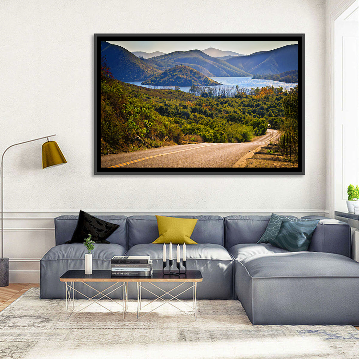 Lake Hodges Roadside Vista Wall Art in a room, landscape