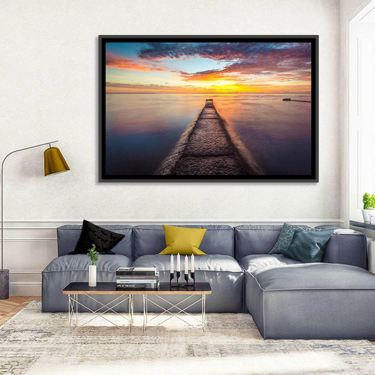 Stone Pier to Glowing Horizon Wall Art in a room, landscape