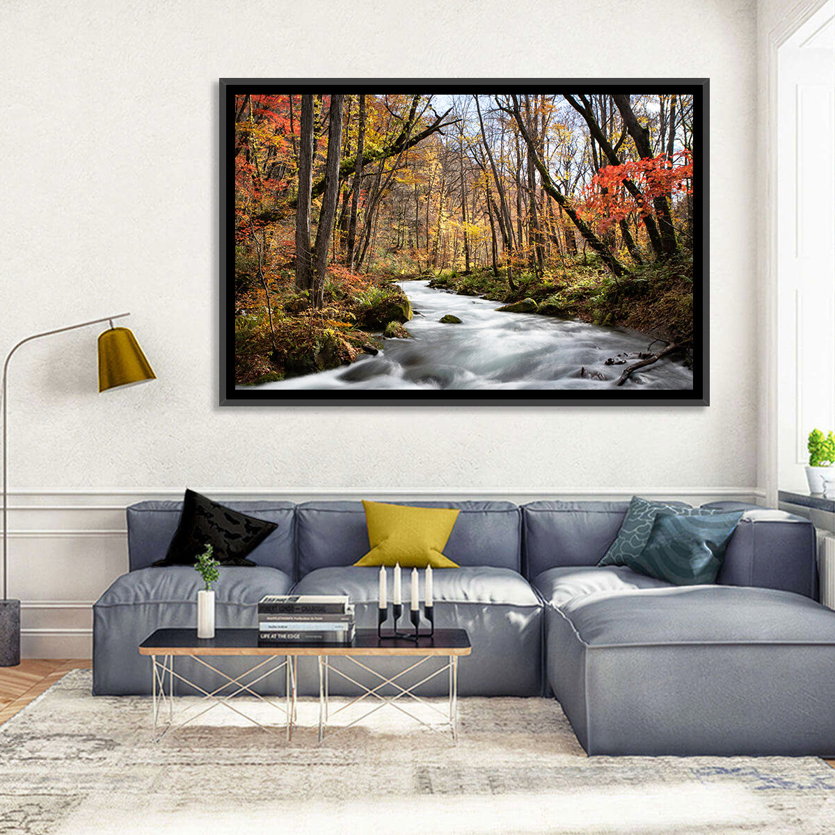 Sunlit Forest Stream Wall Art in a room, landscape