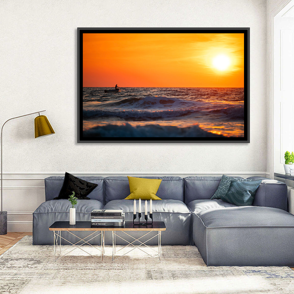 Sunset Fisherman Wall Art in a room, landscape