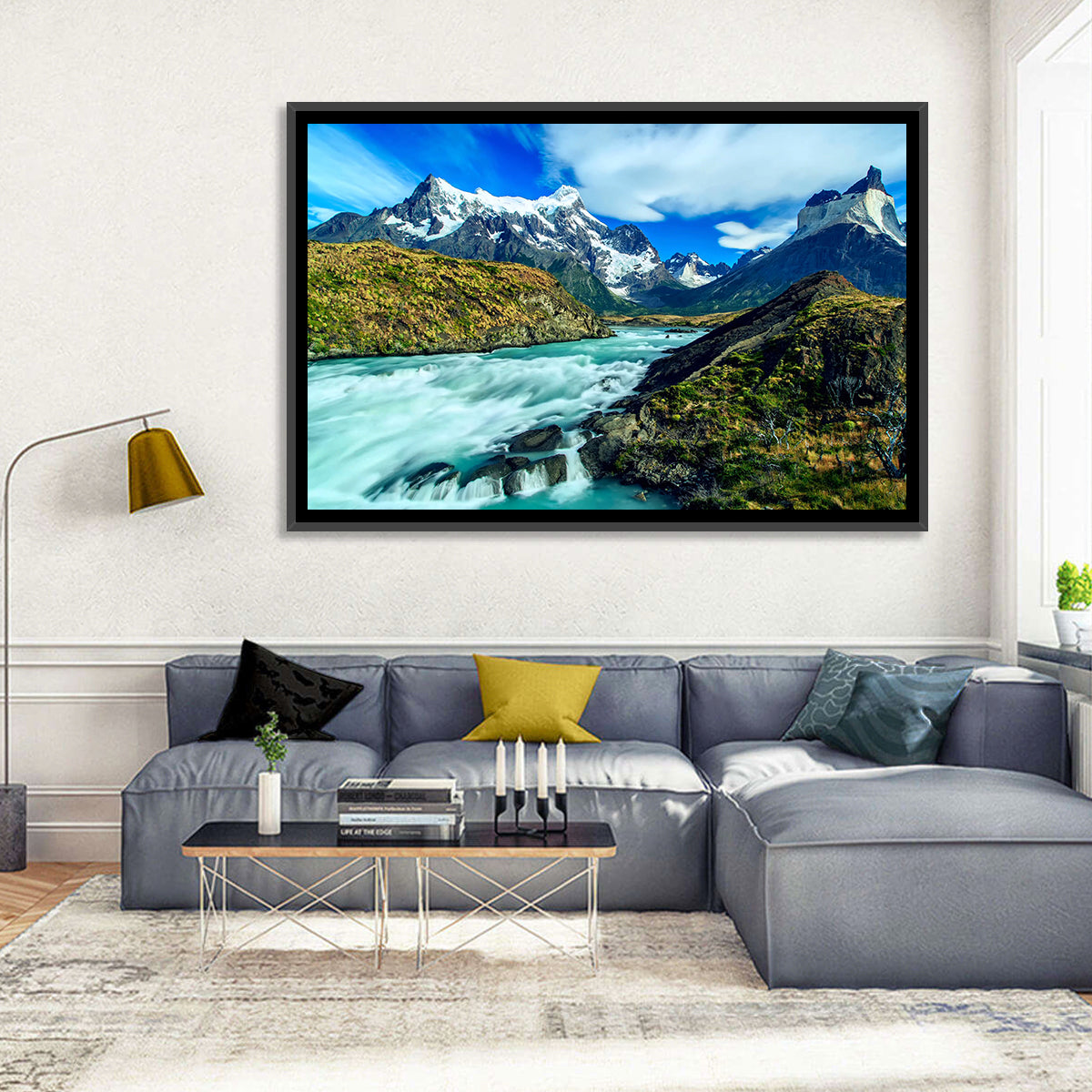 Torres Del Paine Glacier Stream Wall Art in a room, landscape