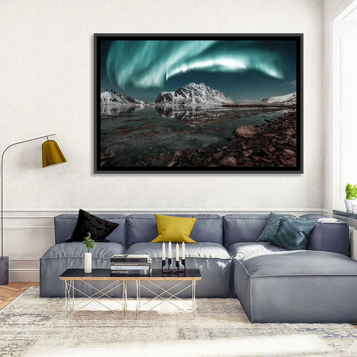 Lofoten Aurora Reflection Wall Art in a room, landscape