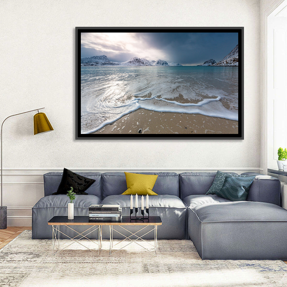 Haukland Beach Winter Light Wall Art in a room, landscape