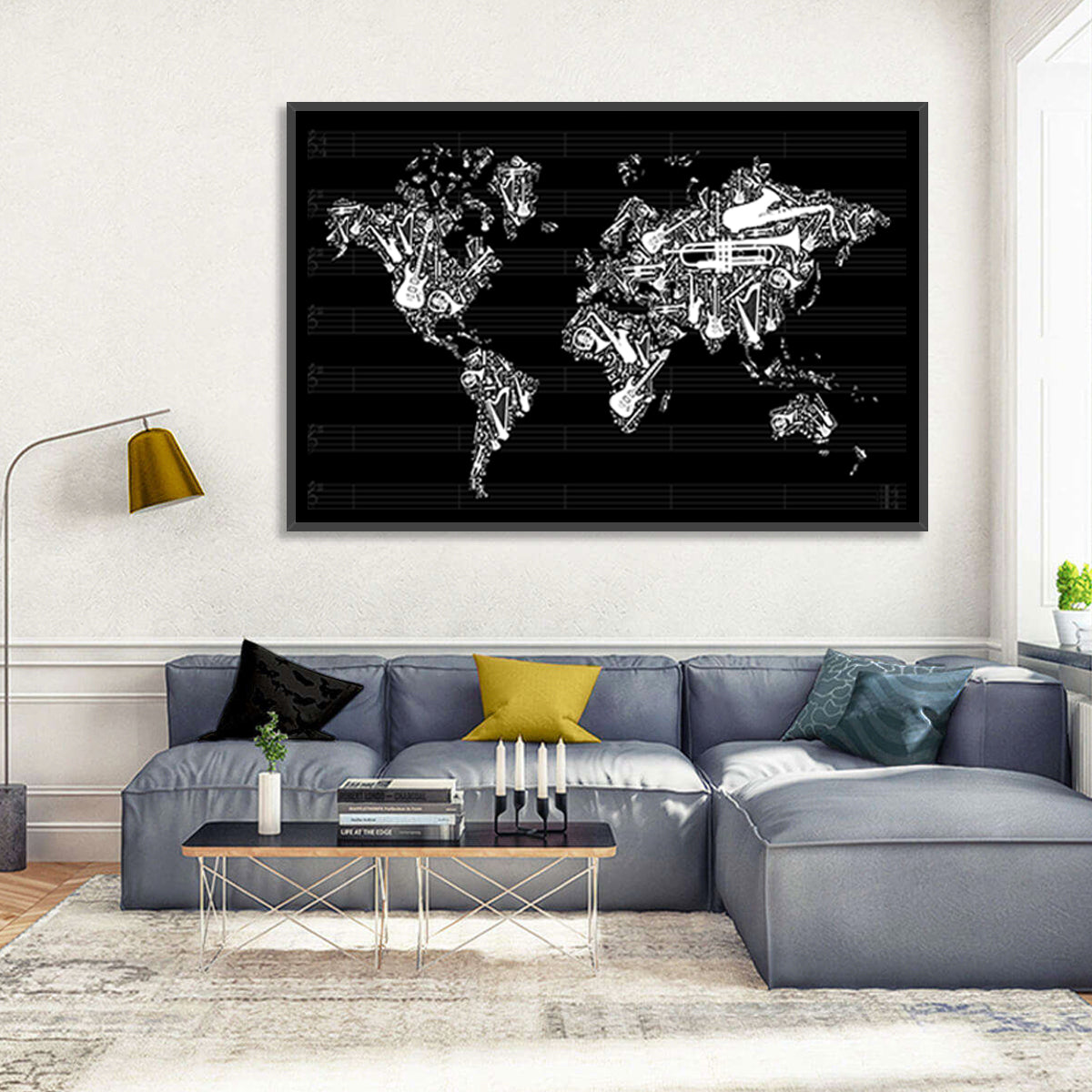 Instrument Silhouette World Map Wall Art in a room, landscape