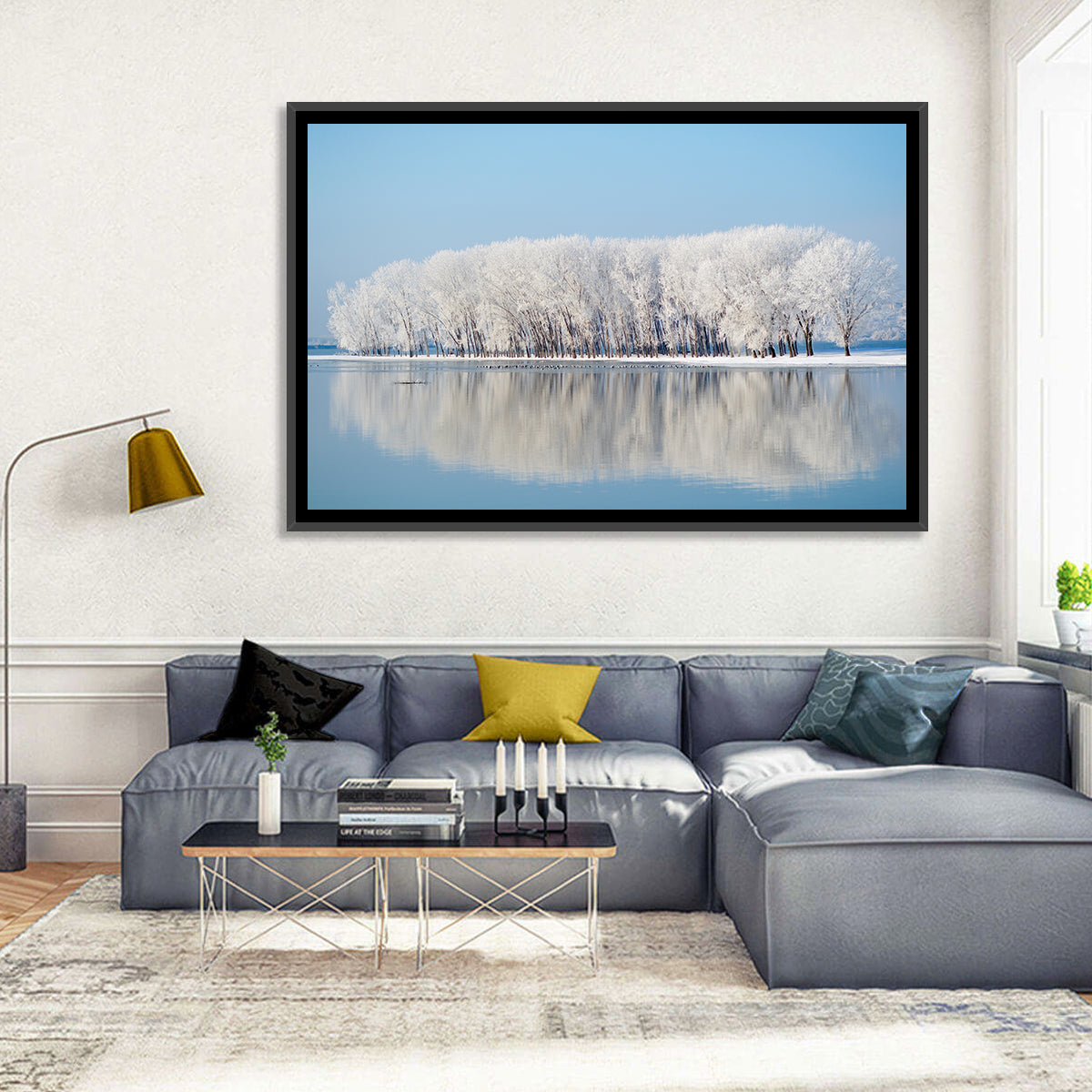 Frost Covered Lakeside Trees Wall Art in a room, landscape