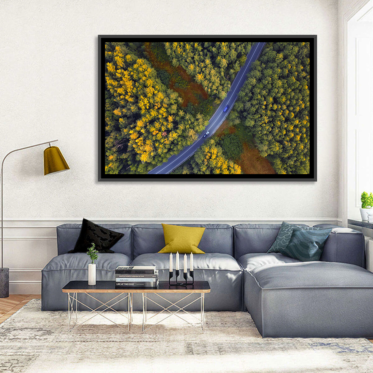 Aerial Autumn Forest Road Wall Art in a room, landscape