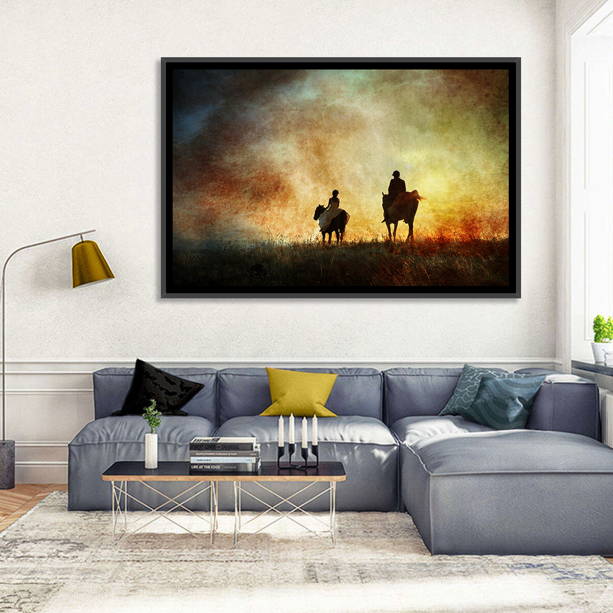 Silhouetted Horse Riders at Sunset Wall Art in a room, landscape