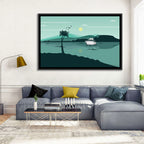 Teal Lake Boat with Palm Tree Wall Art