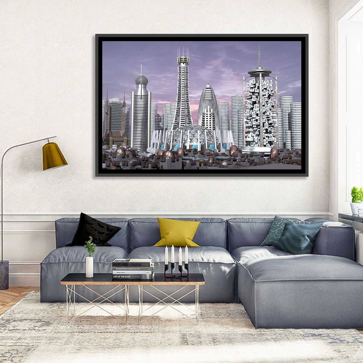 Purple Dusk Futuristic Cityscape Wall Art in a room, landscape