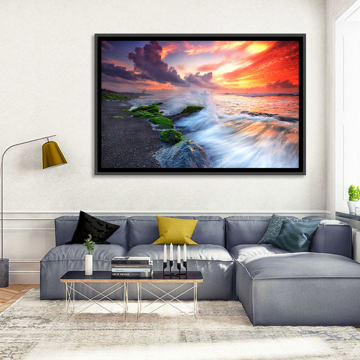 Ocean Waves Under Burning Sky Wall Art in a room, landscape