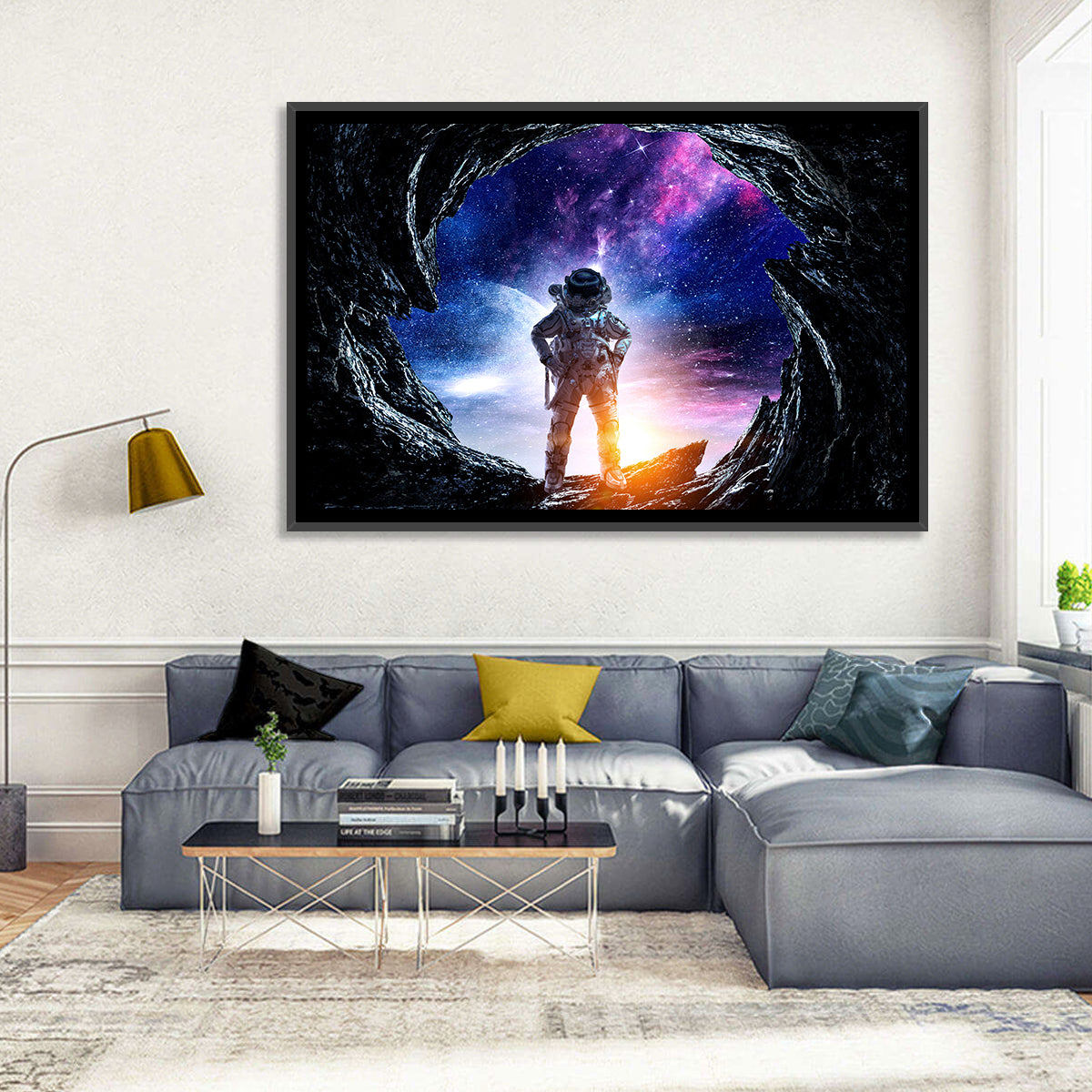 Astronaut at Alien Planet Cave Wall Art in a room, landscape