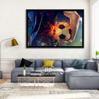 Fiery Soccer Ball and Blue Jersey Player Wall Art