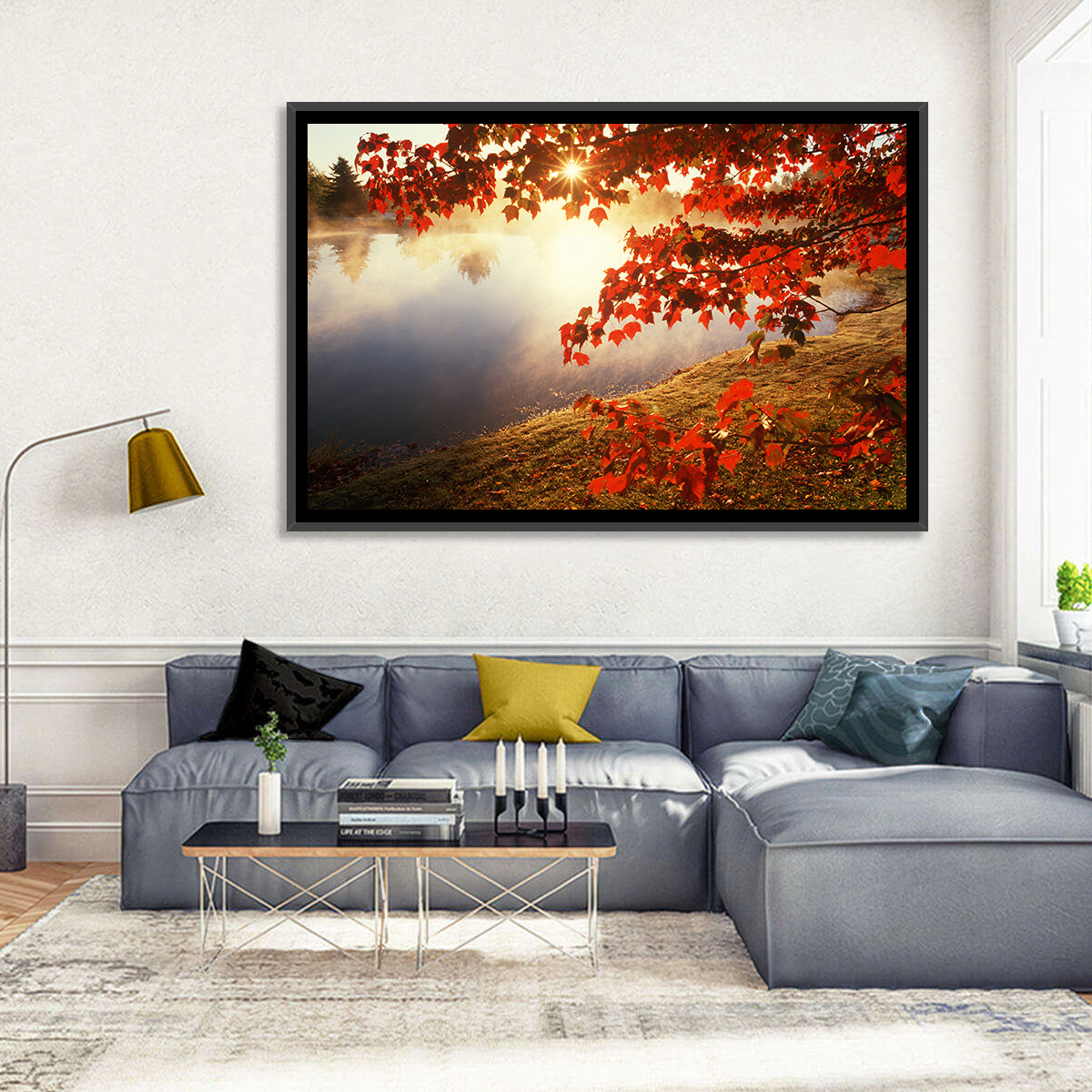 Autumn Pond Sunrise Connecticut Wall Art in a room, landscape