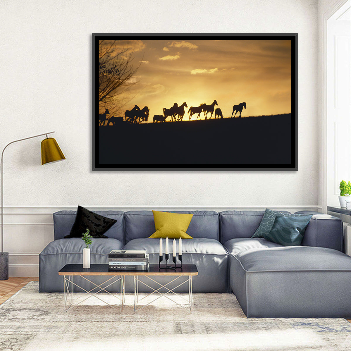 Mustang Silhouettes at Sunset Wall Art in a room, landscape
