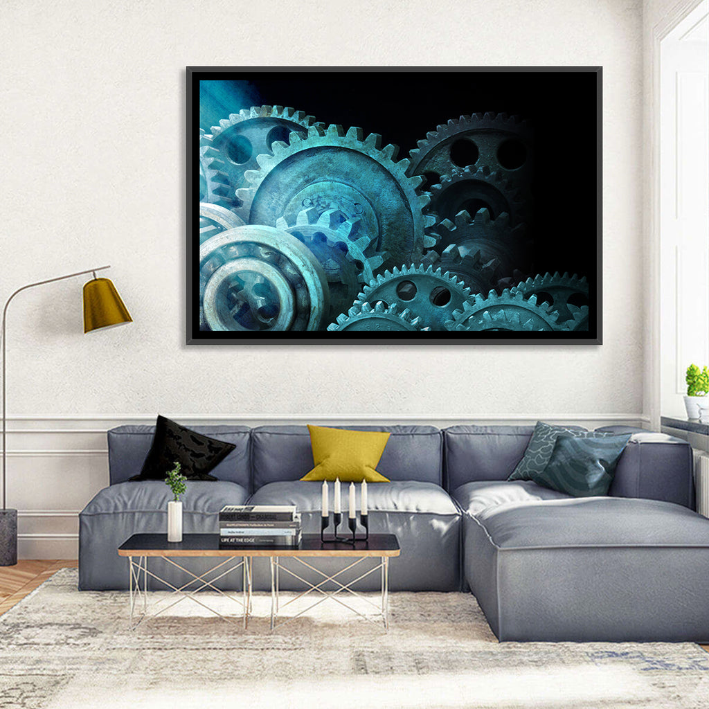 Teal and Steel Cogwheel Close-up Wall Art