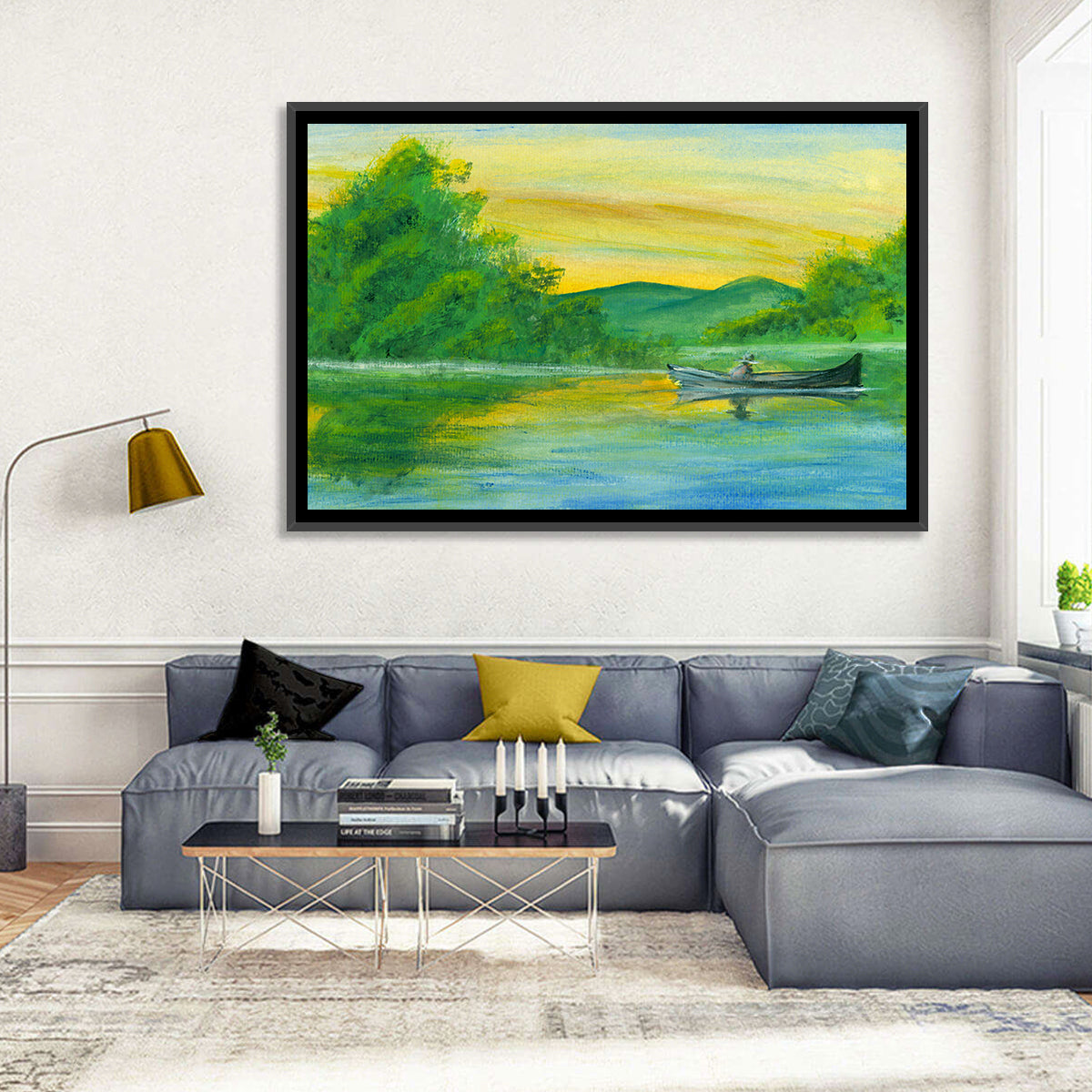 Rowboat on Serene Lake Watercolor Wall Art in a room, landscape