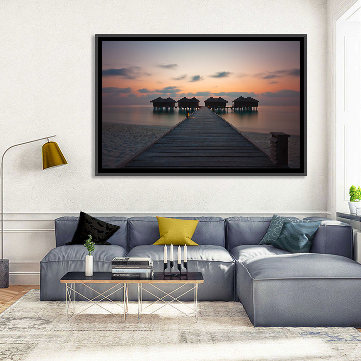 Overwater Bungalows at Sunset Wall Art in a room, landscape