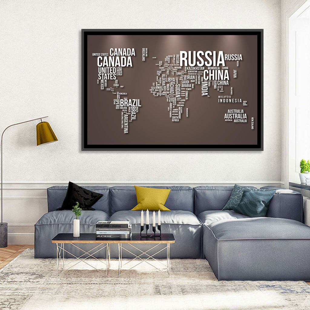 World Map Typography in Brown and White Wall Art