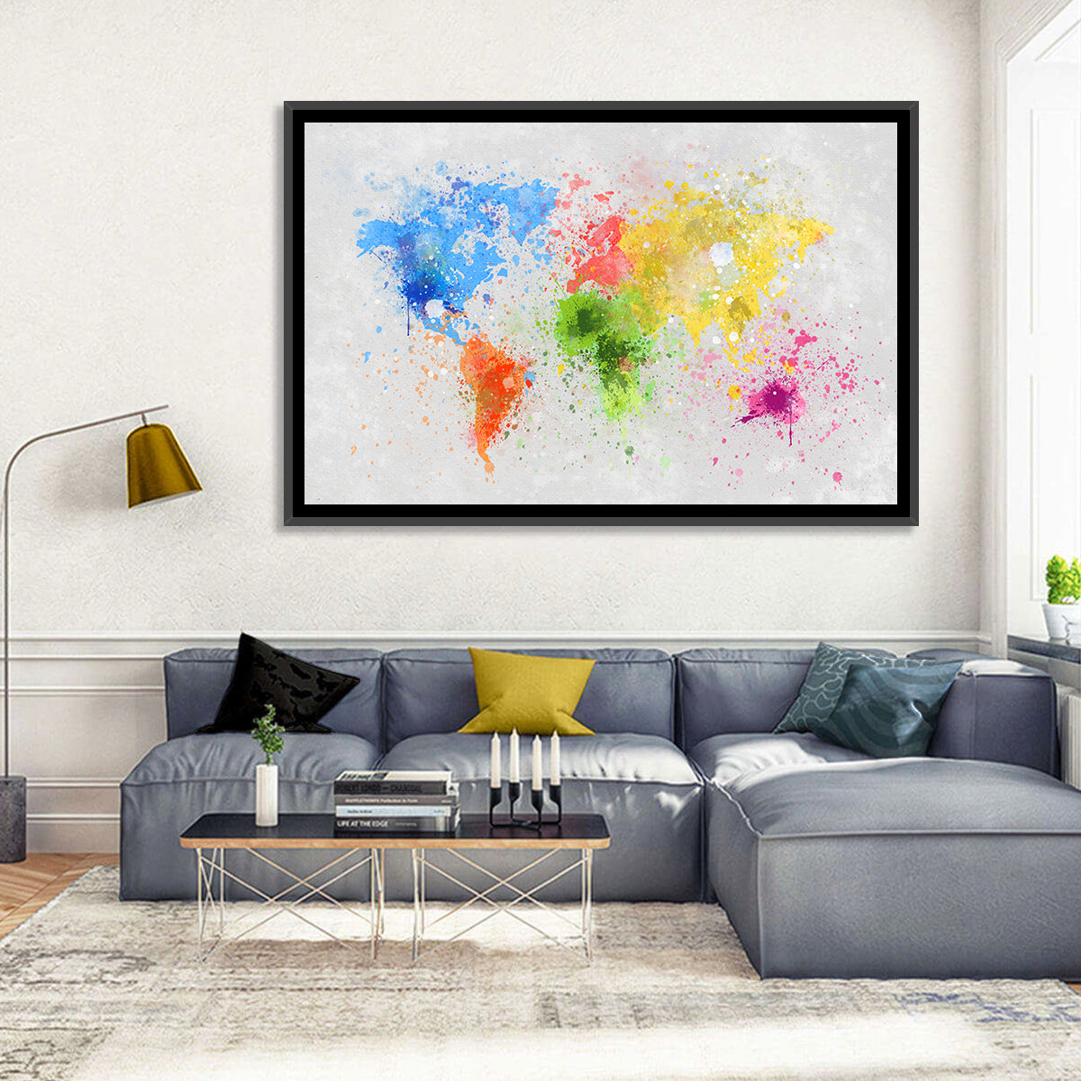 Vibrant Watercolor World Map Wall Art in a room, landscape