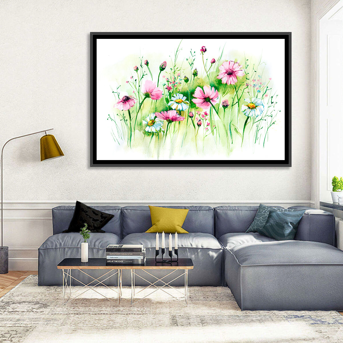 Airy Wildflower Meadow Watercolor Wall Art in a room, landscape