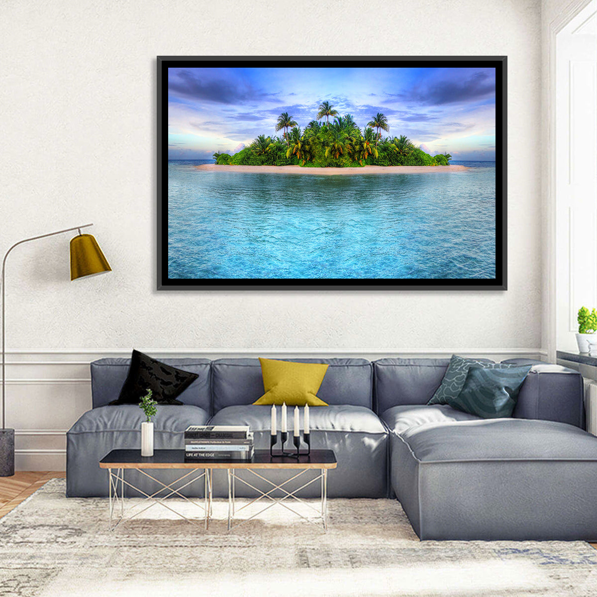 Mirrored Tropical Island Lagoon Wall Art in a room, landscape