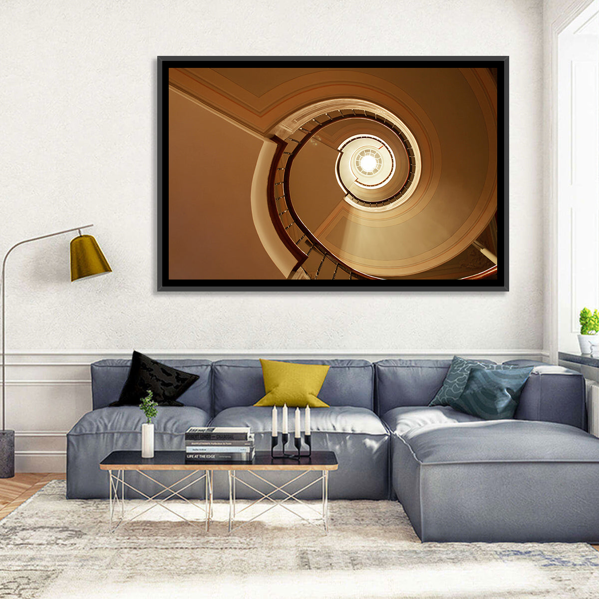 Worms-eye Spiral Staircase Wall Art in a room, landscape