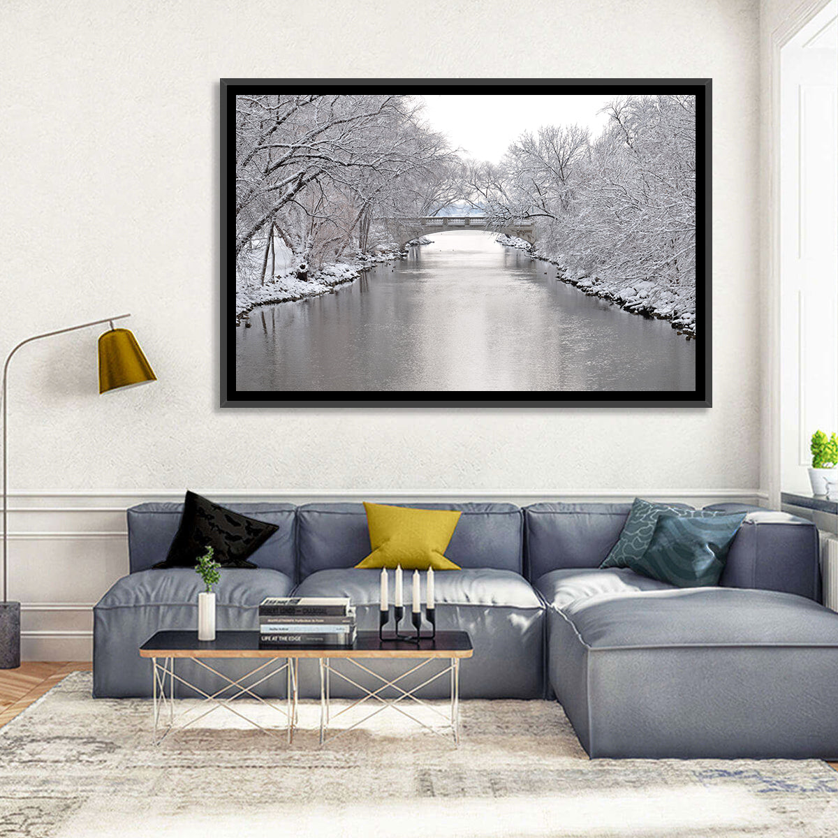 Yahara River Winter Stone Bridge Wall Art in a room, landscape