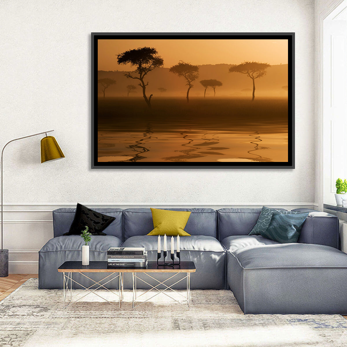 Savanna Sunset Acacia Silhouettes Wall Art in a room, landscape