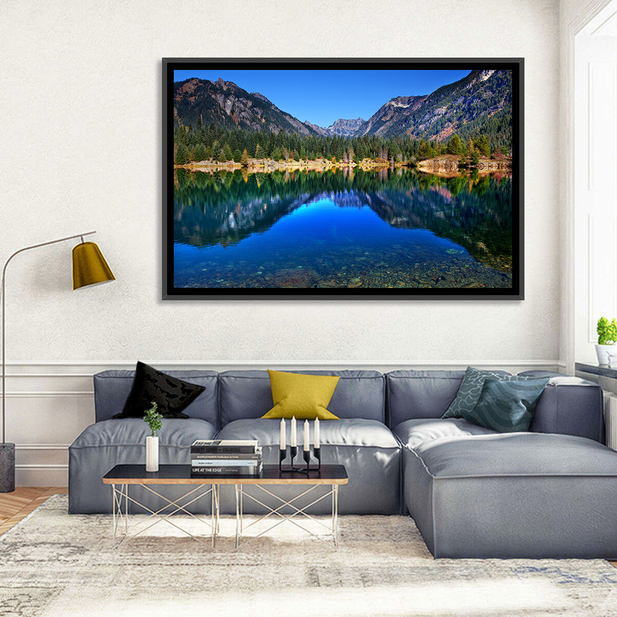 Gold Lake Reflection Wall Art in a room, landscape