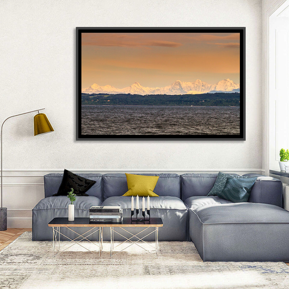 Lake Neuchatel Golden Hour Wall Art in a room, landscape