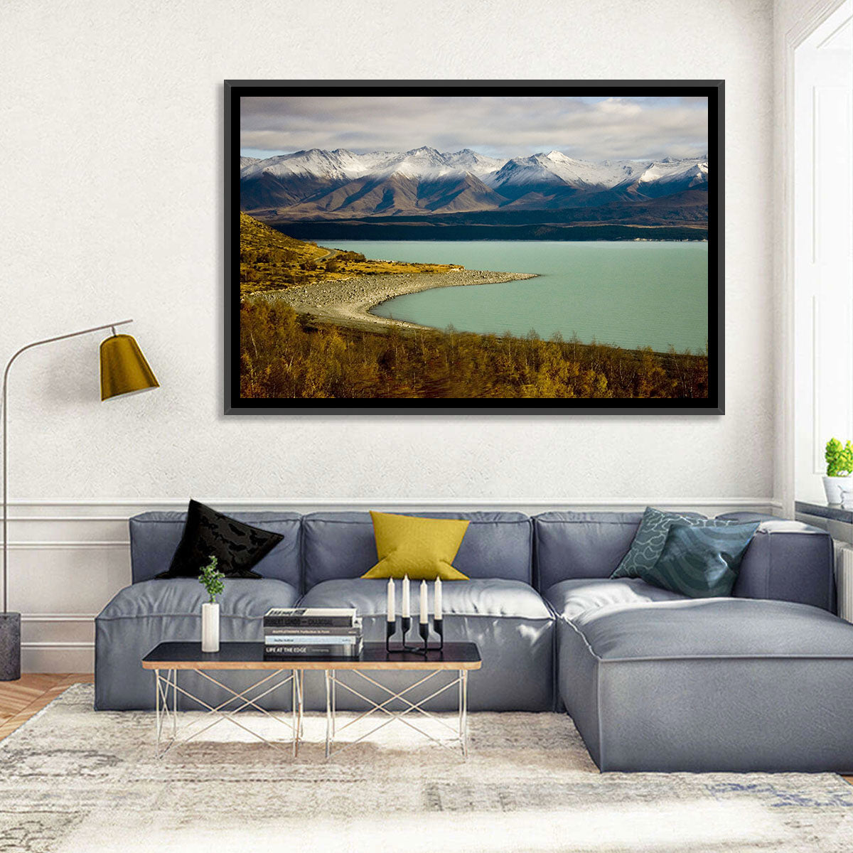 Lake Pukaki Autumn Shoreline Wall Art in a room, landscape