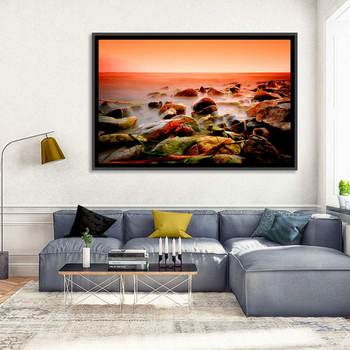 Lake Shore Sunset Wall Art in a room, landscape